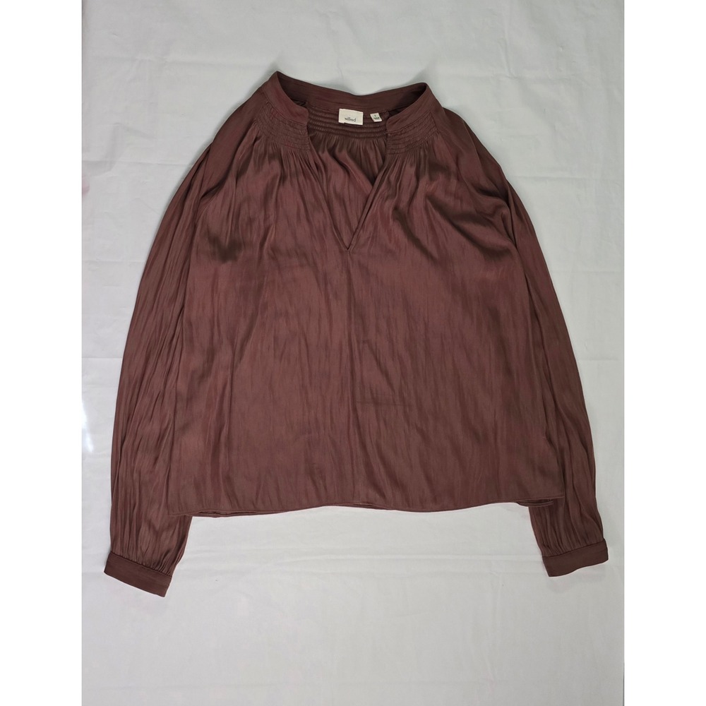 Wilfred Aritzia Brown Smocked V-Neck Long Sleeve Blouse Size Small - Picture 2 of 13